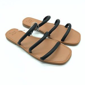 A New Day Wren Slide Sandals Triple Strap Square Toe Faux Leather Black Size 8.5